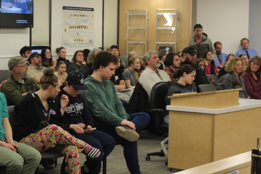 A student advocates for the preservation of Quest, the Kenai Peninsula Borough School District's gifted and talented program, during a school board meeting on Monday, Apr. 7, 2025 in Soldotna, Alaska.