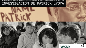 En la imagen se puede observar un collage de DOS imagenes: 1. foto de Patrick Lyoya 3. imagen de un grupo de menores proveniendo de Afganistán. En el lado superior derecho de la imagen se encuentra escrito las siguientes palabras en blanco sobre un rectangulo de color negro: Albergues Para Ninos Refugiados Y La Continuacion De La Investigacion de Patrick Lyoya.  En la parte inferior derecha se puede observar un cuadrado pequeño  blanco en el cual está escrito 'WKAR' con el logo de  ¿Qué onda Michigan?. En el lado izquiero superior del cuadrado pequeño está escrito el número 42 significando que este es el episodio 42 del podcast.