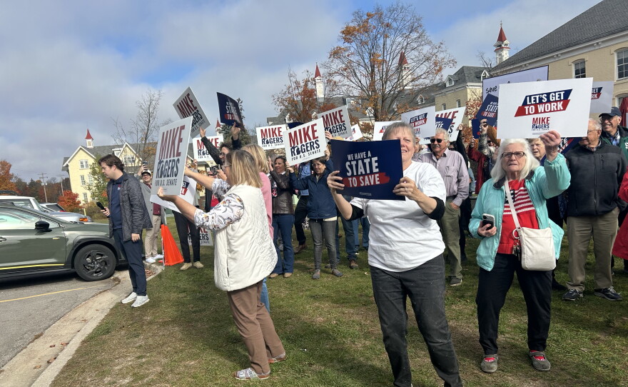 Supporters of Michigan Republican U.S. Senate candidate Mike Rogers rally before he attended an event hosted by the Northern Michigan Chamber Alliance in Traverse City on Friday, Oct. 23, 2026.
