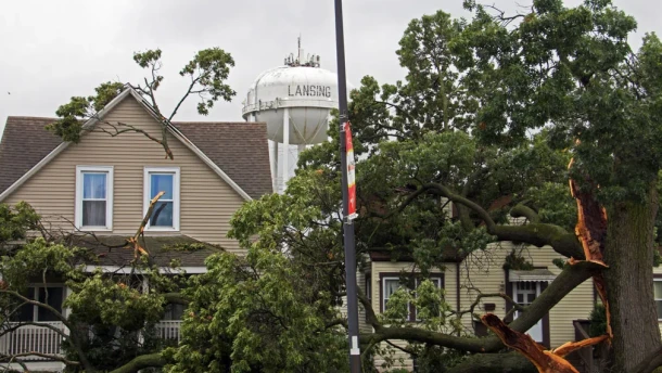 Storm damage can be seen throughout Lansing, Illinois, on Aug. 14, 2026.