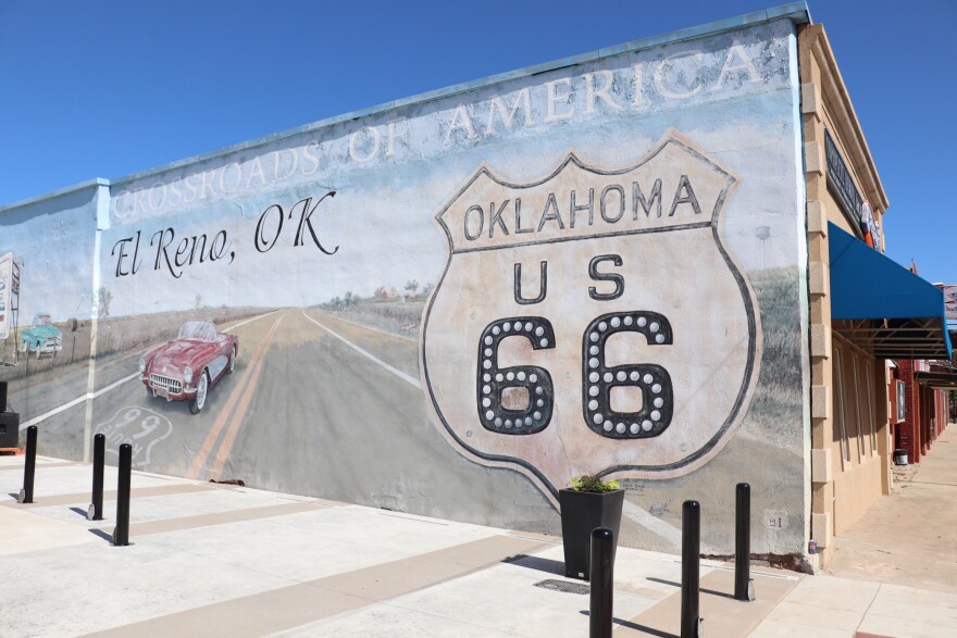 A Route 66 mural by the newly renovated filling station in El Reno.