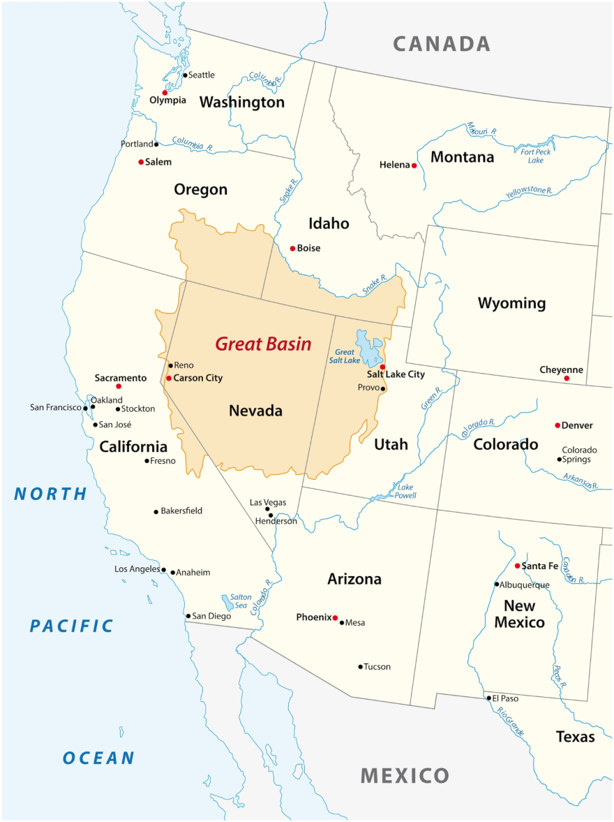 A map of the western half of the U.S. The Great Basin region is highlighted, which includes most of Nevada, about half of Utah, some of southern Idaho and Oregon, and a very small part of California.