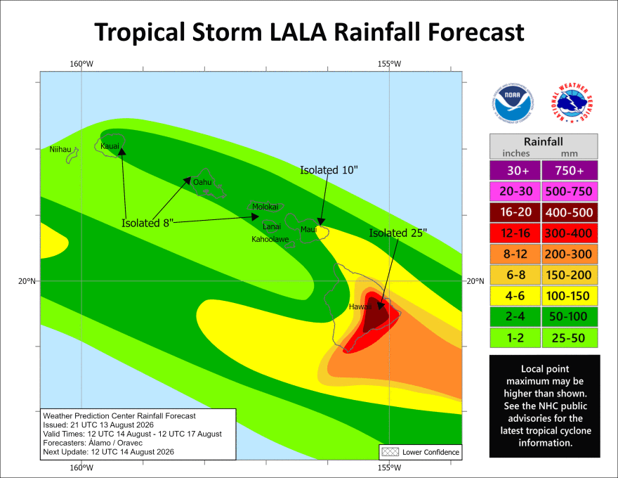 Tropical Storm Lala is expected to produce 5-10 inches of rain across Hawaiʻi Island and Maui. Parts of Hawaiʻi Island may get up to 25 inches of rain.