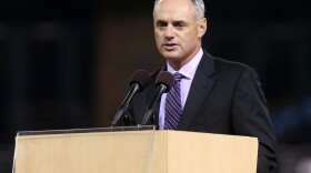 Chief Operating Officer of Major League Basball Rob Manfred speaks June 26 during a Memorial Tribute To Tony Gwynn by the San Diego Padres at PETCO Park in San Diego.