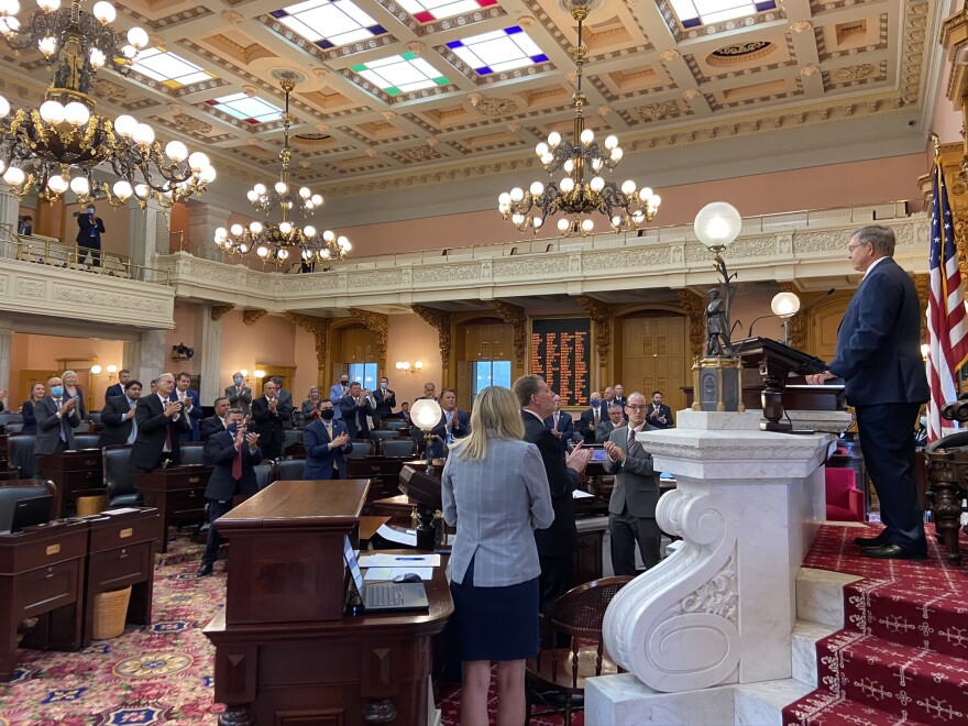 Newly-elected Speaker Bob Cupp (R-Lima) looks at the House as he receives a standing ovation after his first address as Speaker. [Karen Kasler / ideastream]