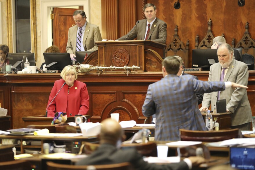South Carolina House Education and Public Works Committee Chairwoman Shannon Erickson, R-Beaufort, left, listens to a question from Rep. Russell Ott, D-St. Matthews, right, during a debate about education vouchers on Wednesday, March, 20, 2024, in Columbia, S.C. (AP Photo/Jeffrey Collins)