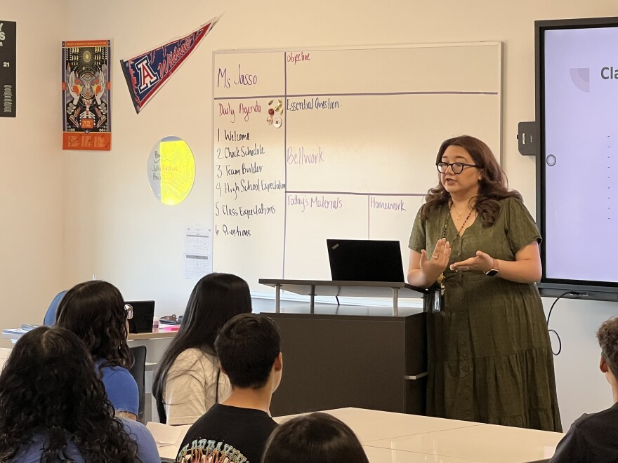 Teacher Kassandra Jasso addresses students at Somerton High School on Thursday, Aug. 3, 2023.