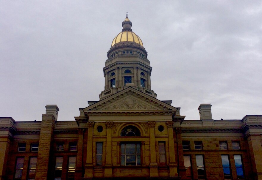 Looking up at the Wyoming capital building on a cloudy day