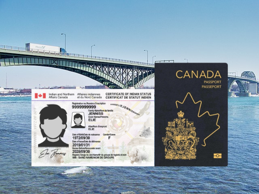 A collage of images featuring the Peace Bridge, an SCIS card, and a Canadian Passport