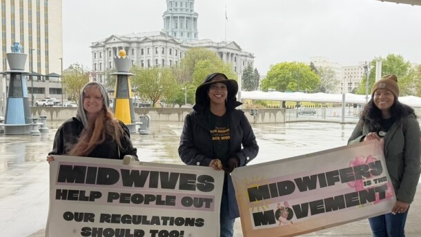Elephant Circle staff and Colorado licensed professional midwives, (left to right) Heather Prestridge, Pia Long, and Justina Nazario, at the Colorado State Capitol on May 5, 2026. 