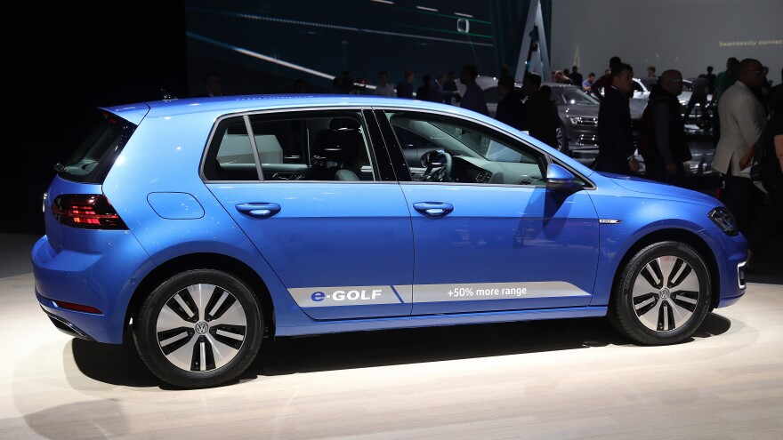 The Volkswagen e-Golf electric car is on display at the 2017 Frankfurt Auto Show in September.