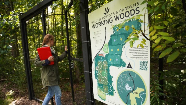 Kimberly Lessman, who manages the Holden Forests and Gardens seed bank, enters an area on Holden's campus called the Working Woods on Wednesday, Sept. 13, 2023.