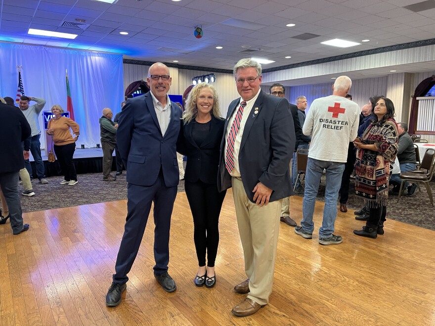 Chicopee, Massachusetts, Mayor, John Vieau (middle right), with his wife and campaign organizer, after declaring victory at the Portuguese American Club on Exchange Street in the city.