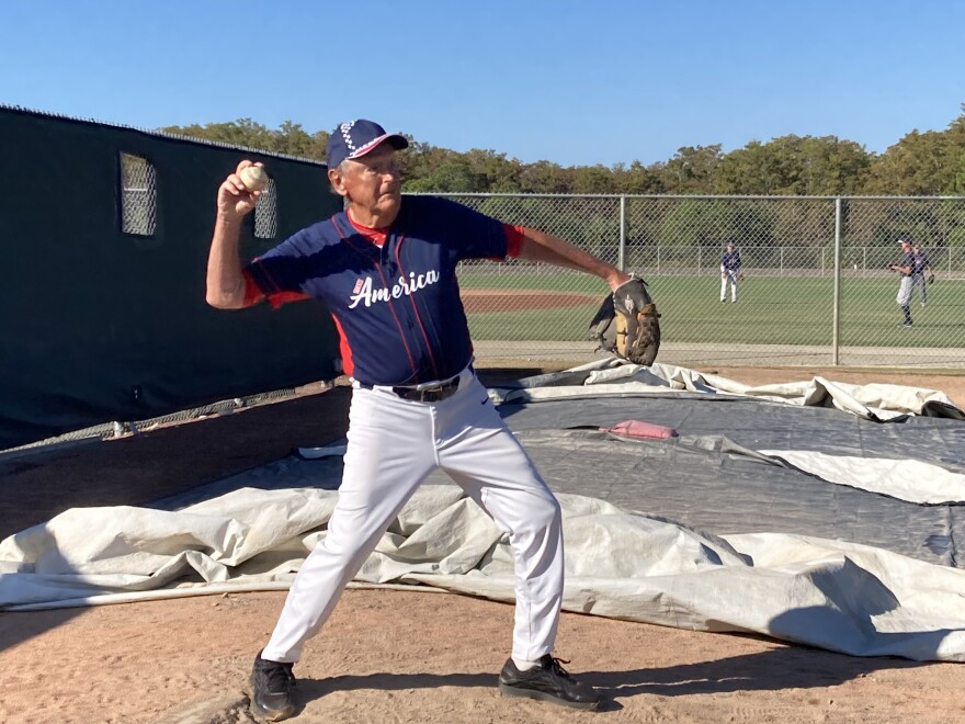 Tony Esposito of Naples warms up for his Roy Hobbs World Series game at JetBlue Park in Lee County. He's the oldest player ever in the Hobbs events in Southwest Florida.