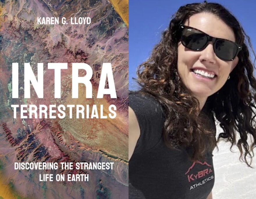 A photo of Karen Lloyd and her book "Intraterrestrials"