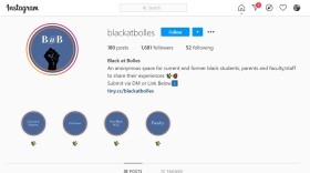 This screenshot shows the Black at Bolles Instagram account, which is described as an anonymous space for current and former black students, parents, and faculty/staff to share their experiences.