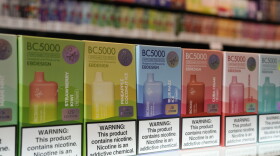 FILE - Varieties of disposable flavored electronic cigarette devices manufactured by EB Design, formerly known as Elf Bar, are displayed at a store in Pinecrest, Fla., Monday, June 26, 2023. (AP Photo/Rebecca Blackwell, File)