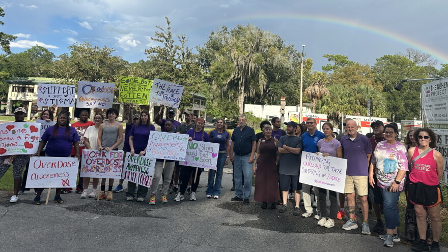 Gainesville residents came together to walk 5,501 steps in honor of the lives lost to fatal overdoses in Florida in 2025. (Mackenzie Davis/WUFT News)