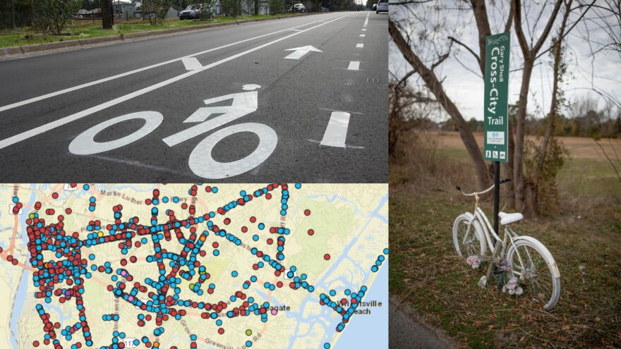 Clockwise from top right: The recently completed bike path on the overhauled 5th Avenue roadway in downtown Wilmington; a 'ghost bike' memorial for Megan McClellan stands at the site where she was killed riding her bike on 17th Street in 2017 (photo: Madeline Gray), and an NCDOT map of traffic-related injuries around the Wilmington area.