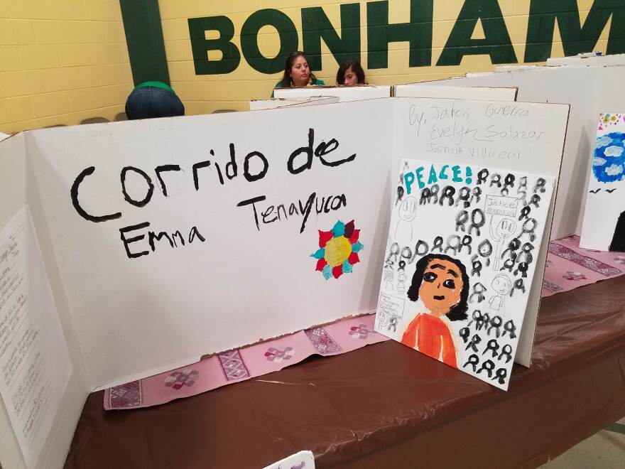 Corrido de Emma Tenayuca, artwork and lyrics created by MAS-LI camp students, presented at a mercado on the camp's final day.