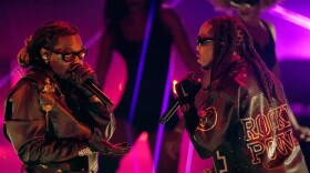 Offset (left) and Quavo of Migos perform at the BET Awards on Sunday at the Microsoft Theater in Los Angeles.