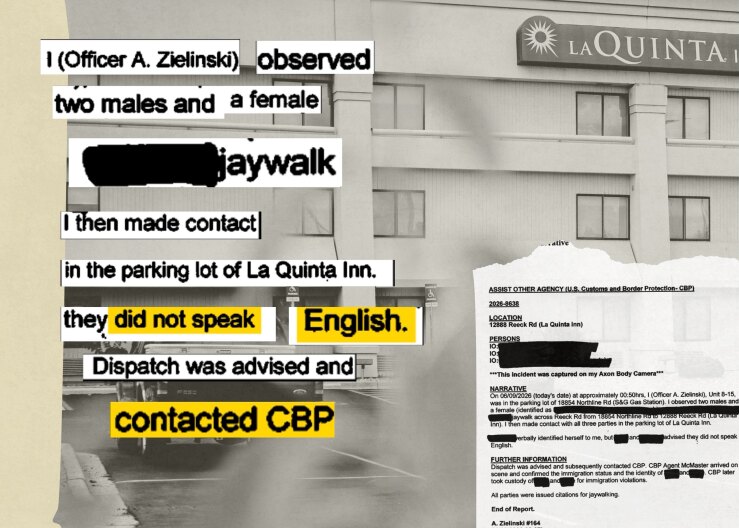 Yellow-brown photo collage shows a hotel building and document fragments that say, “I (Officer A. Zielinski) observed two males and a female jaywalk. I then made contact in the parking lot of La Quinta Inn. They did not speak English. Dispatch was advised and contacted CBP.”