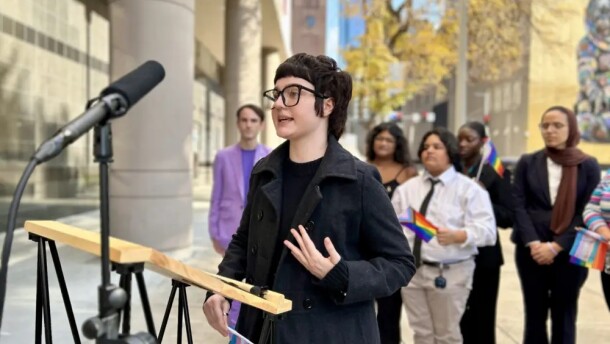 Adrian Moore, a student at Morton Ranch High School in Katy, speaks against Senate Bill 12, a new Texas law prohibiting student clubs based on sexual orientation, outside a federal courthouse in Houston on Thursday, Dec. 18, 2025.