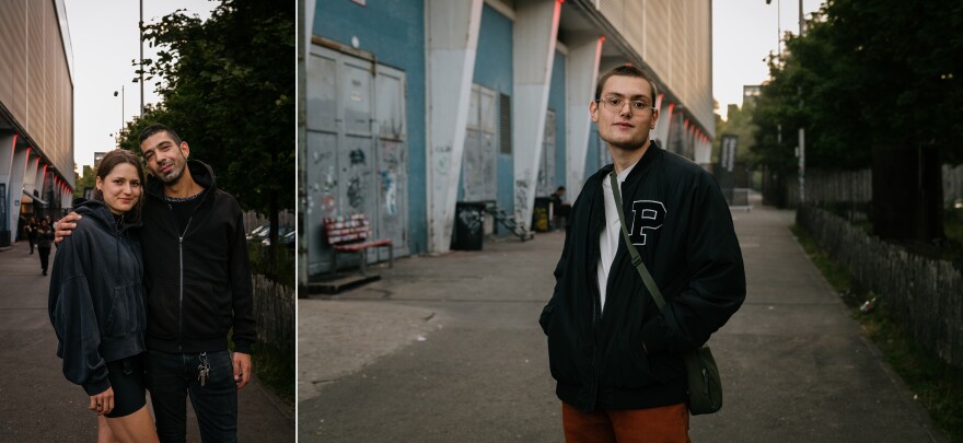 At Tresor at about 6:15 a.m. on Sept. 4, Isabel and Mauro leave (at left), while Karam enters the famous Berlin nightclub (right).