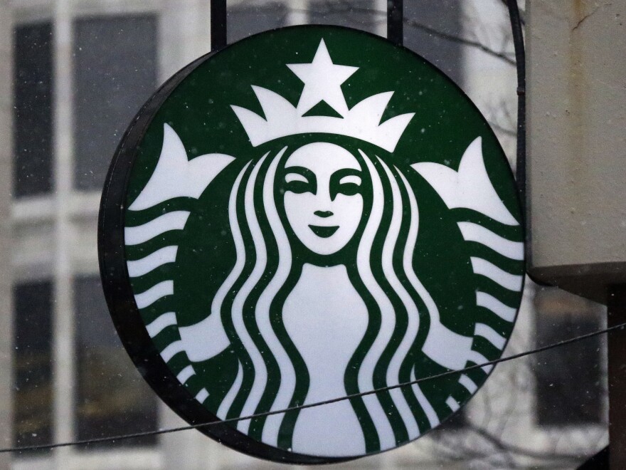The Starbucks logo is seen on a shop, March 14, 2017, in downtown Pittsburgh.