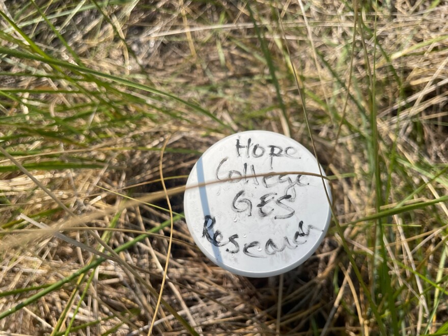 A white circular cap pokes out of the dune grass. Handwritten on the cap are the words "Hope College GES Research." 