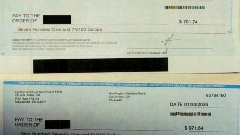 An FBI search of Philip DiGennaro house in Greece allegedly located multiple checks from the same class action settlements including three (pictured) from the EpiPen Antitrust Settlement Fund.