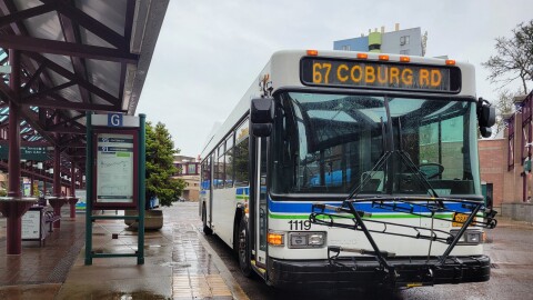 A Lane Transit District bus waits for passengers to load on Thursday, Jan. 18. Some bus routes, such as Eugene Springfield service have resumed. Routes to more rural areas, or places that are still seeing heavy impacts from the ice storm, have not yet resumed service.
