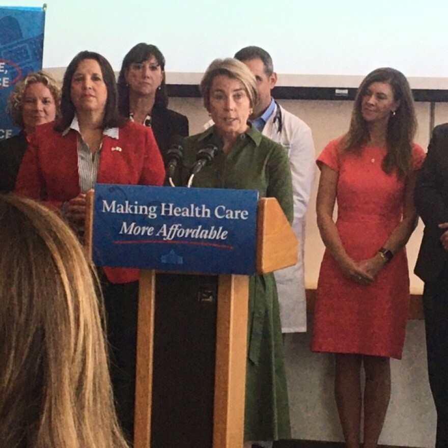 Gov. Maura Healey is flanked by administration officials and healthcare providers at Cape Cod Hospital in Hyannis as she announced the first round of recommendations from the Health Care Affordability Group.