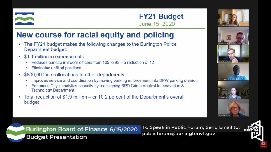 A screenshot of a slide talking aoout racial equity, policing and budget cuts.