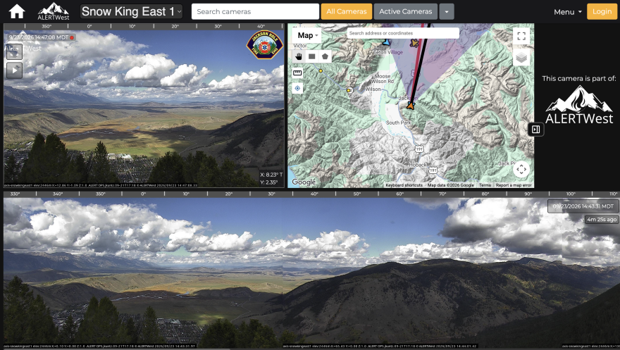 AI Camera feed from the Snow King Mountain, displaying a panoramic view of the valley and mountains below as well as a map of the area  