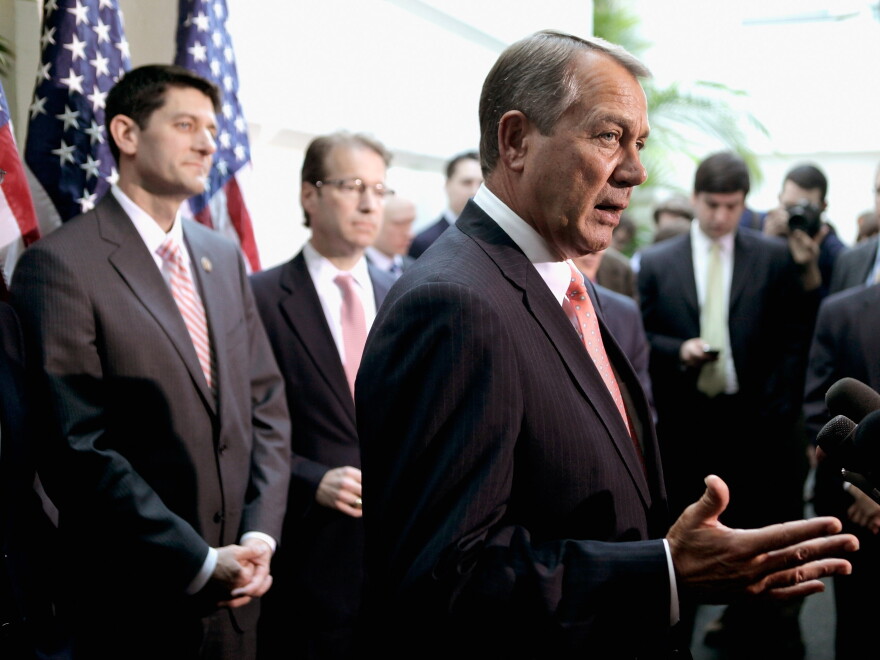 Speaker of the House John Boehner and House Budget Committee Chairman Paul Ryan join other members of the House GOP leadership for a brief news conference after a Republican Conference meeting at the U.S. Capitol March 27, 2012 in Washington, D.C.
