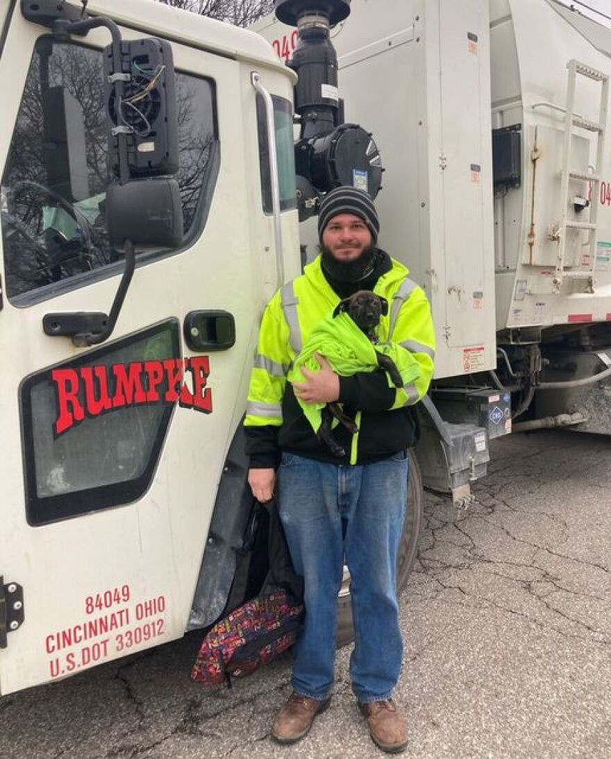 Rumpke Driver Aaron Kinsel has now adopted a discarded puppy he found Wednesday and has named her Tipper.
