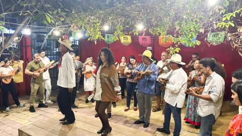 Jarana players join a mass jam session at a Veracruz fandango while the dancers pound out rhythms with their heels on the wooden tarima.
