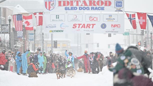 Cantwell musher Paige Drobny sets out from a snowy downtown Anchorage in the ceremonial start of the Iditarod Trail Sled Dog Race on Saturday, March 7, 2026.