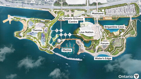 New design model for Ontario Place, which will feature multiple year-round attractions. This includes Therme, Ontario Science Center, Live Nation Amphitheater and other waterfront developments. 