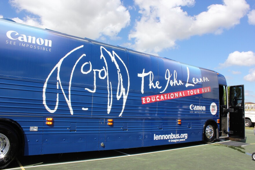 The John Lennon Educational Tour Bus, parked outside Hialeah Gardens High School last week.