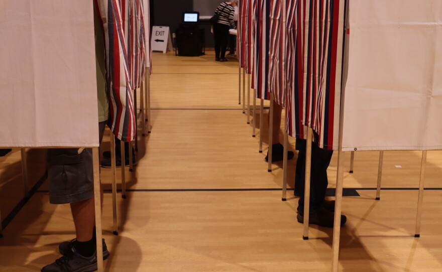 Voters marking their ballots at the polls in Epsom, New Hampshire, on Sept. 8, 2026.