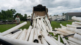 IPEX PVC pipe cleared from the riverbank is dumped at MountainTrue headquarters Wednesday, July 22, 2026, in Alexander, N.C.