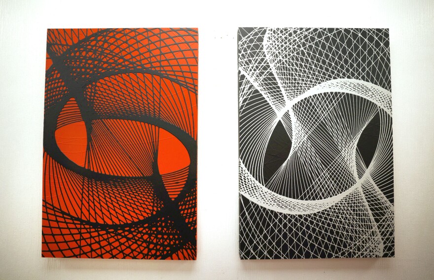 Action painter Cole Newman’s pendulum paintings.