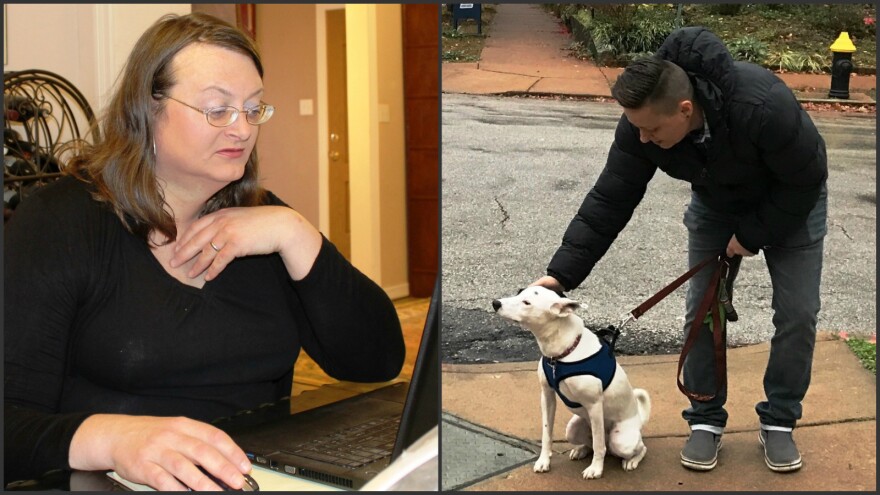 In these Nov. 28, 2016 photos, Jaimie Hileman, on the left, looks at threatening posts on Facebook. On the right, Amber Winingham and Gus stand on the corner where she said a truck veered toward them.