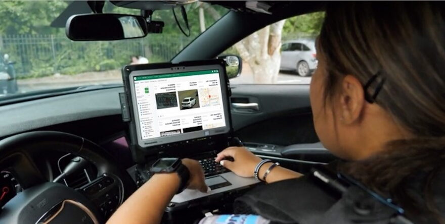 A police officer uses the Flock Safety license plate reader system. Since 2016, the Granite State has had one of the strictest laws in the country regulating and limiting such readers. (Photo courtesy of Flock Safety)