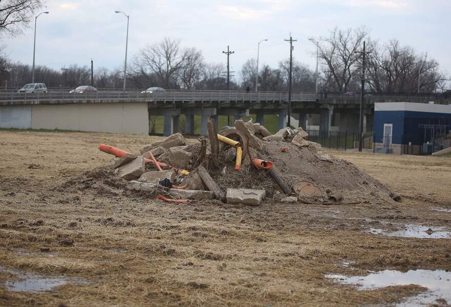 A pile of concrete sits in Newport, Kentucky, on Dec. 8, 2019.  A coalition is building more parks to increase greenspace and grass to absorb rainwater and reduce strain on outdated stormwater infrastructure. 