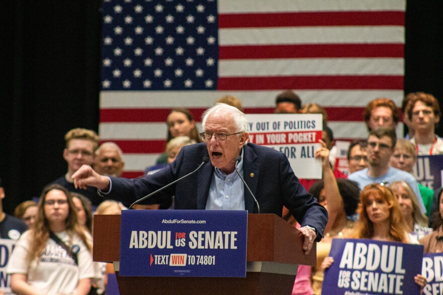 Vermont Senator Bernie Sanders speaks to voters and supporters during Abdul El-Sayed rally at the Lansing Convention Center on July 19, 2026.