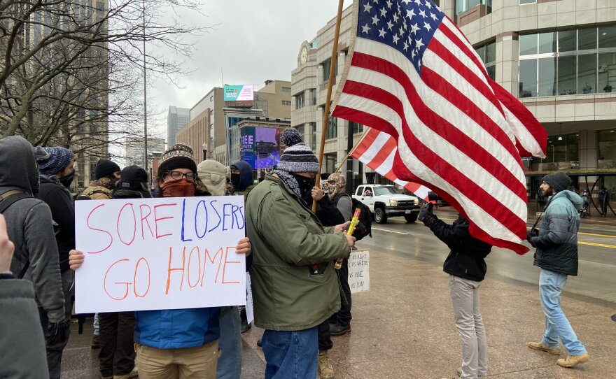 A few counterprotestors showed up, pushing back on the false claims that Donald Trump won the 2020 election.