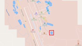 The Air Force's preferred location for the microreactor is near Spruce Lake, outlined in a red square east of the south end of the main runway.